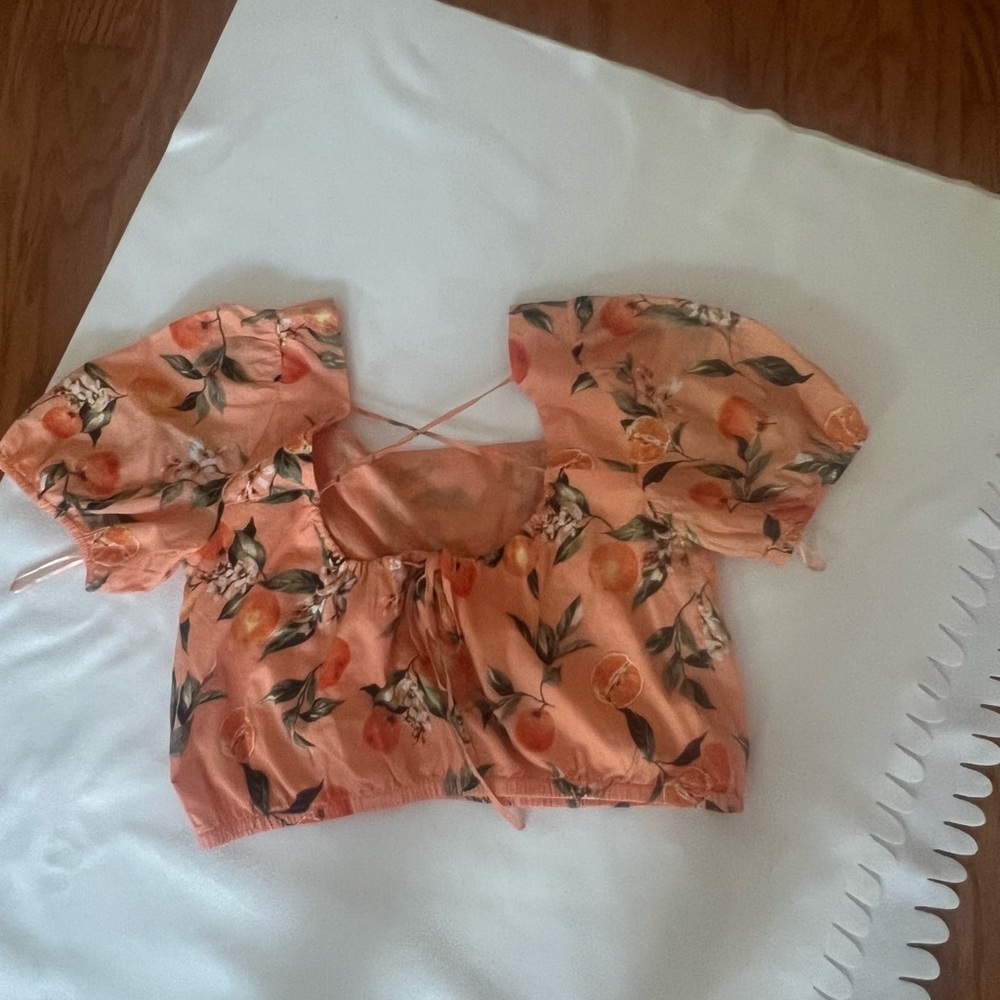 LOFT Peach Floral Square-Neck Cropped Blouse - Picture 4 of 5